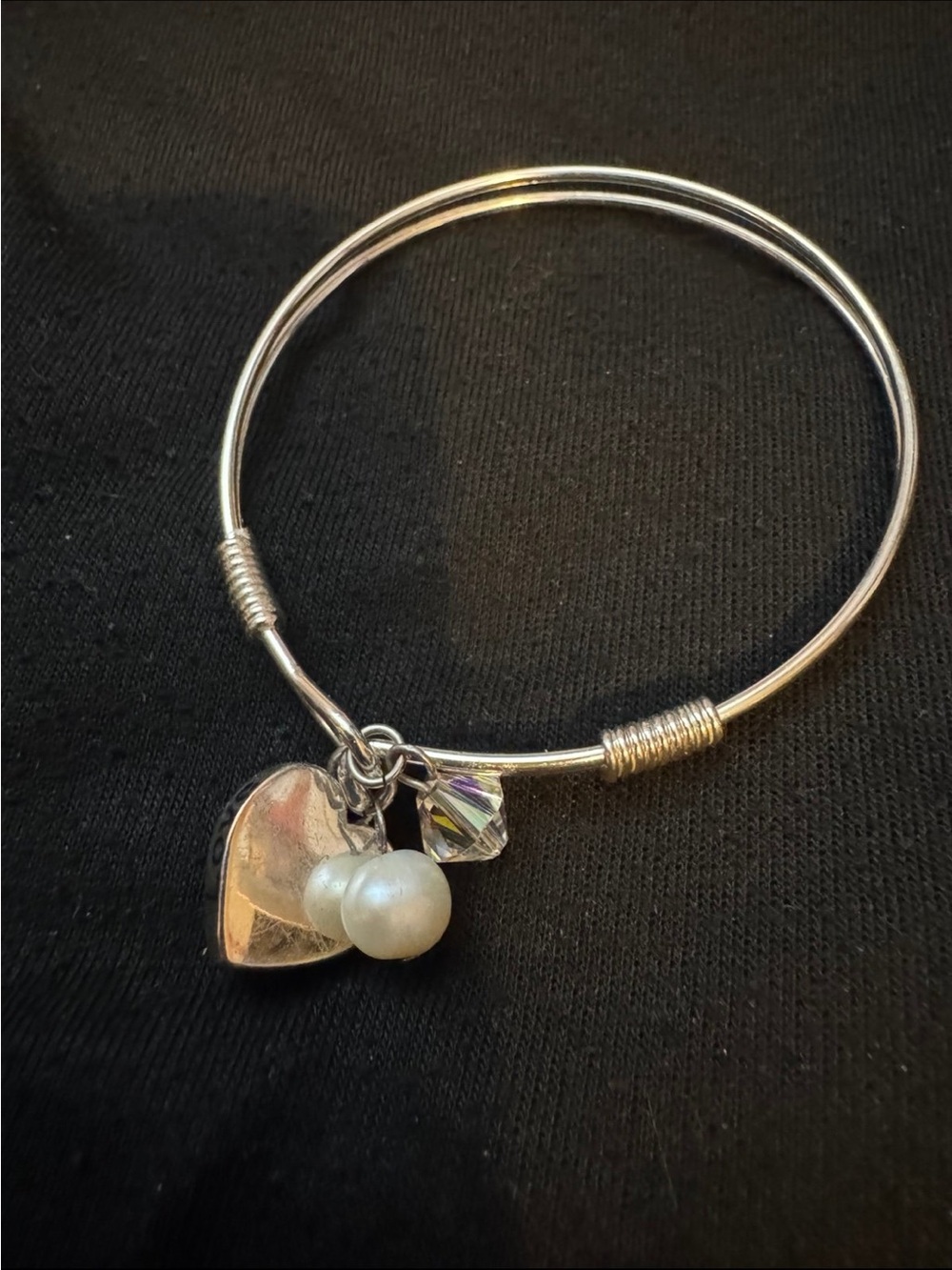 Silver Heart Charm Bangle Bracelet with Pearl and Crystal